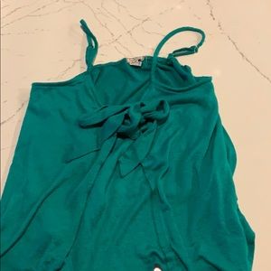 Teal loose tank with front tie bow